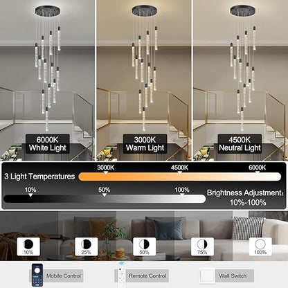 12-Lights Bubble Chandelier for Entryway High Ceiling-137 Height Adjustable Crystal Chandelier,3 Color Temperature Dimmable LED Pendant Light Fixture for Foyer Living Room Staircase,Matte Black