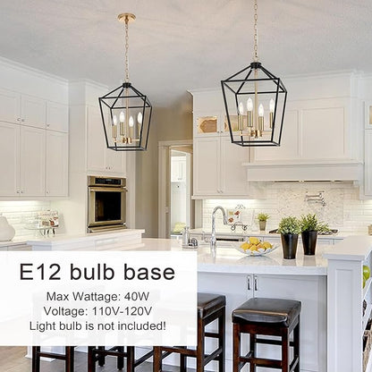 MELUCEE 4-Light Farmhouse Cage Pendant Light in Black Vintage Chandelier Lantern Hanging Light Fixtures Ceiling with Brass Candle-Shaped Socket for Kitchen Island, Dining Room, Foyer