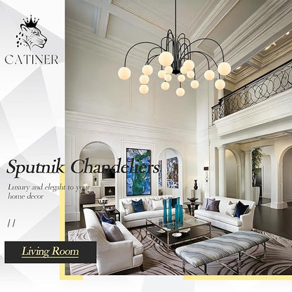 CATINER Modern Black Sputnik Chandeliers Extra Large 18 Lights L59”Mid Century Ceiling Pendant Lighting Fixture with Milk Glass Globe Shades for High Ceiling Living Room Foyer Staircase