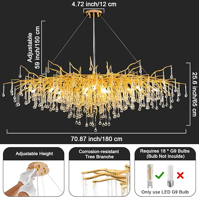 70.87 Inch Modern Crystal Chandeliers, Large Gold Branch Raindrop Chandelier, Rectangle Chandelier Lighting Fixture 19-Light for Foyer Entryway High Ceiling Dining Room, Living Room