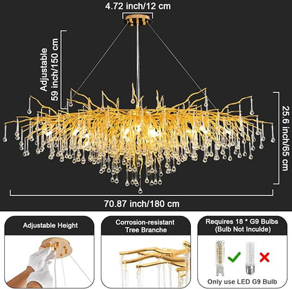 70.87 Inch Modern Crystal Chandeliers, Large Gold Branch Raindrop Chandelier, Rectangle Chandelier Lighting Fixture 19-Light for Foyer Entryway High Ceiling Dining Room, Living Room