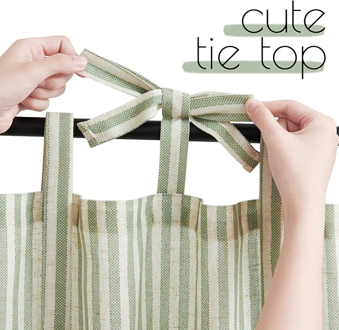 jinchan Tie Top Linen Kitchen Curtains 36 Inches Striped Tier Curtains Farmhouse Modern Cafe Style Small Window Treatments Airy Light Filtering Rod Pocket for Living Room Bathroom 2 Panels Sage Green