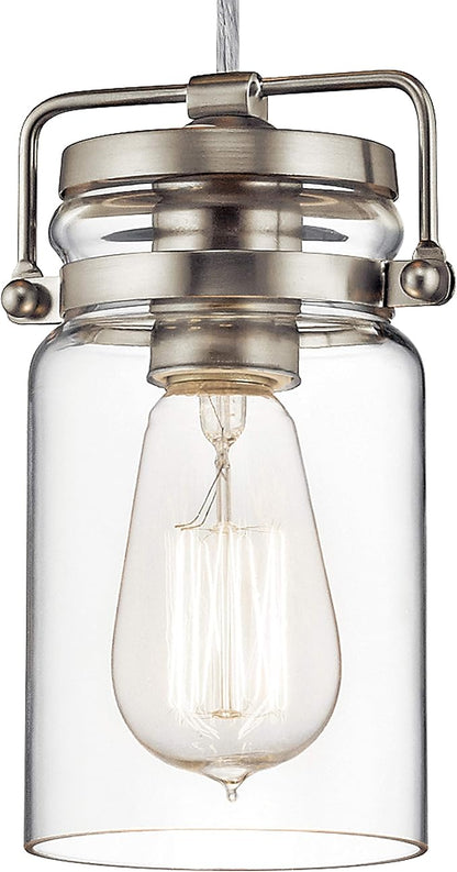 Kichler Brinley 7.75" Kitchen Pendant in Brushed Nickel, Mini Farmhouse Pendant with Clear Glass, (7.75" H x 4.75" W), 42878NI, 1-Light