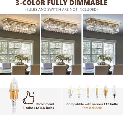 Crystal Chandeliers,6-Lights Gold Rectangular Chandelier,Crystals Pendant Light Fixture for Dining Living Room Kitchen Dining Room Bedroom Bathroom Hotel
