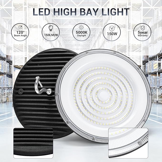 XYCN 150W UFO Led High Bay Light,120VAC,21050LM 5000K Daylight Area Lighting,IP66 Waterproof 650W MH/HPS with Plug Commercial Bay Lighting for Warehouse/Shop/Workshop/Barn/Gym/Factory
