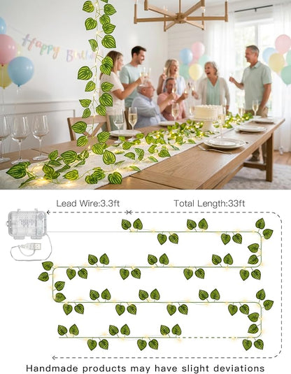 suddus Vines with Fairy Lights Battery & USB Powered Operated, 33ft 100 LED Watermelon Leaves String Lights with Remote, Artificial Plants for Indoor, Bedroom, Wedding, Wall, Party Decor(Warm White)