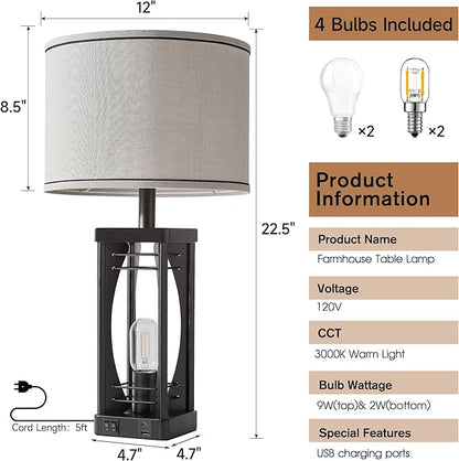 SRJJA Farmhouse Table Lamps Set of 2 for Living Room, Rustic Nightstand Lamps with USB A+C Charging Ports, 22.5" Dual Light Industrial Bedside Lamp with Linen Shade for Bedroom End Tables