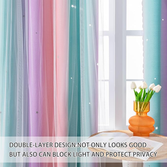XiDi Curtains for Girls Bedroom 2 Panel Set, Thermal Insulated Window Ombre Panels, Rainbow Pink Drapes for Kids Room Unicorn Wall Decals, Black Out Curtains 54 Inch Long Pink/Purple/Green 34x54