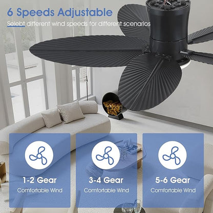 Surtime Palm Leaf Ceiling Fans with Lights-42 Tropical Ceiling Fan with Light and Remote/APP Control,Flush Mount Low Profile Black Ceiling Fans for Bedroom,Indoor/Outdoor Patio Use