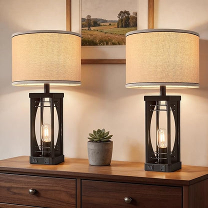 SRJJA Farmhouse Table Lamps Set of 2 for Living Room, Rustic Nightstand Lamps with USB A+C Charging Ports, 22.5" Dual Light Industrial Bedside Lamp with Linen Shade for Bedroom End Tables