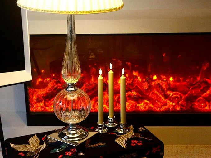 Set of 6 Flameless Ivory Wax Windows Candles with 12 AA Batteries(Include, Run More Than 400 Hours) and 6 Sliver Candlesticks.10 Inch, Flickering Battery Operated LED Candle Lights, Remote/Timer