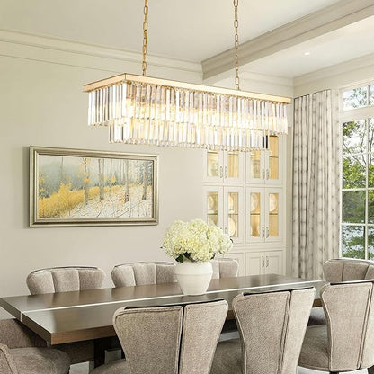Gold Rectangular Chandelier 40 Inch-10-Light Luxury Crystal Pendant Lighting for Dining Room, Kitchen Island & Bar-Adjustable Height, Flush Mount Ceiling Fixture,Premium Lighting Fixture(Gold, L-40")