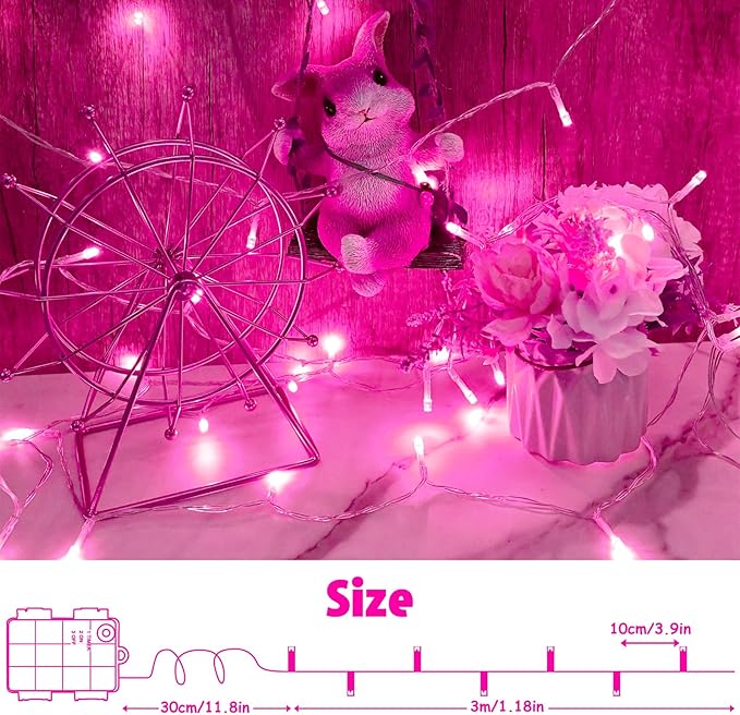 cshare String Lights Outdoor Waterproof 9.8ft 30 LED, Pink Fairy Lights Battery Operated with Timer Clear Wire for Indoor & Outdoor Christmas Valentine's Day Decorations Garland Party Garden