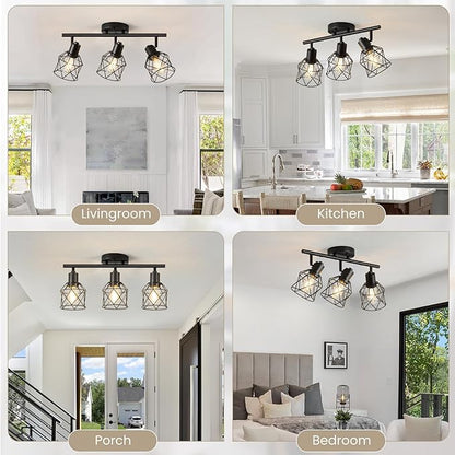 3-Lights Track Lighting, Adjustable Multi-Directional Ceiling Light Fixtures, Rotatable Farmhouse Light Fixtures Mount with Metal Cage for Dining Room, Living Room, Bedroom, E26 Base