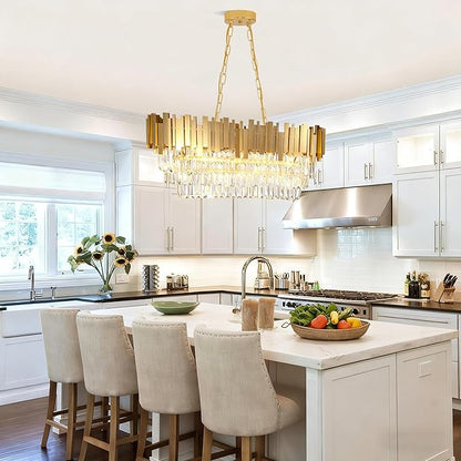 Modern Rectangular Chandelier Luxury Gold Crystal Chandelier,E12 Base Oval Contemporary Ceiling Hanging Light, Linear Ceiling Pendant Light for Living Room Dining Room Entryway L32in