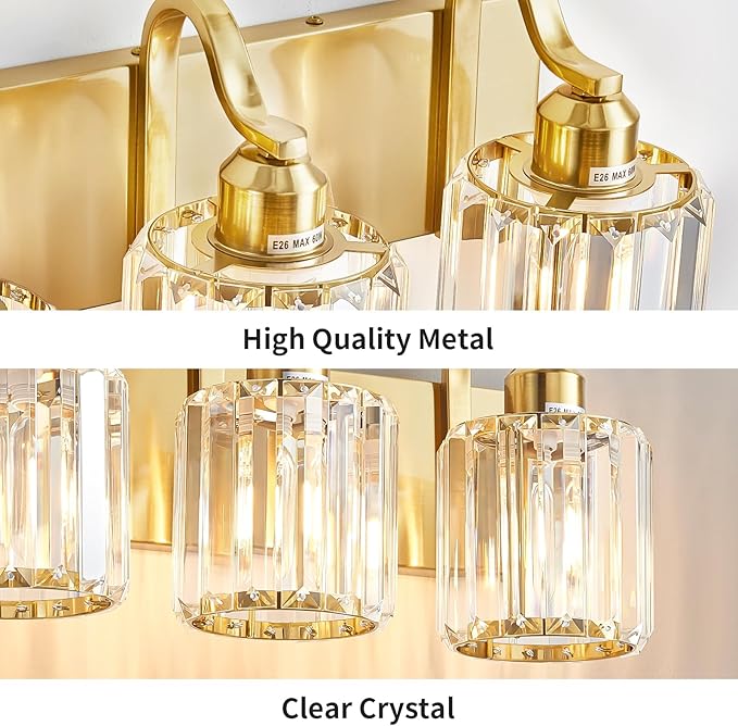 Crystal Vanity Lights, Modern 4-Light Bathroom Lights Over Mirror, Bathroom Light Fixtures with Polished Gold Finish for Mirror Bedroom Living Room (Exclude Bulb)