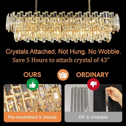 Rectangle Gold Crystal Chandeliers for Dining Room 2-Tier 15 Lights Modern Chandelier Luxury Rectangular Oval Preinstalled Top K9 Crystal Contemporary Pendant Lighting Fixture 43.3"