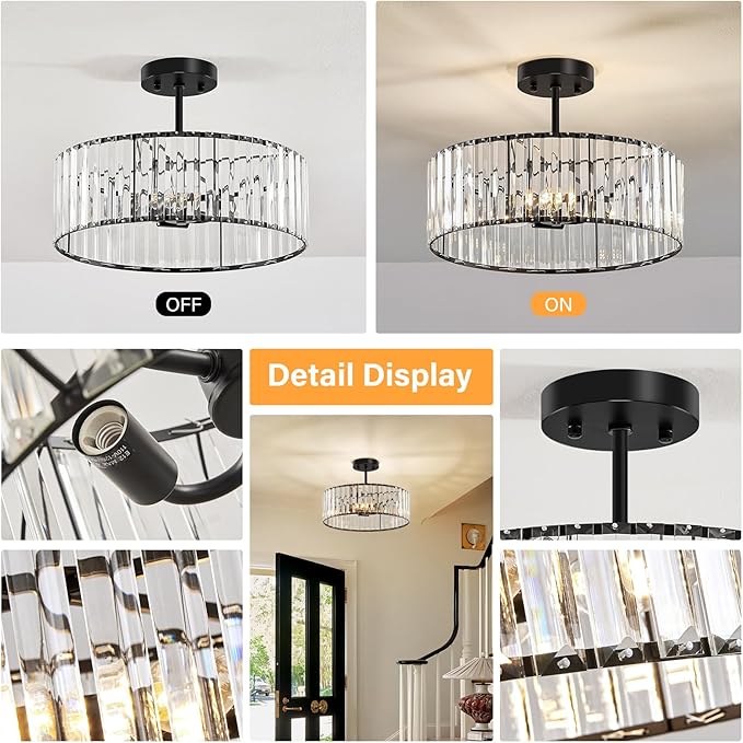 YURNYQ Black Crystal Ceiling Light Fixture, Modern Semi Flush Chandelier, Round Hanging Lighting Chandeliers for Dining Room, Kitchen, Bedroom, 3-Light, 15.74 Inch