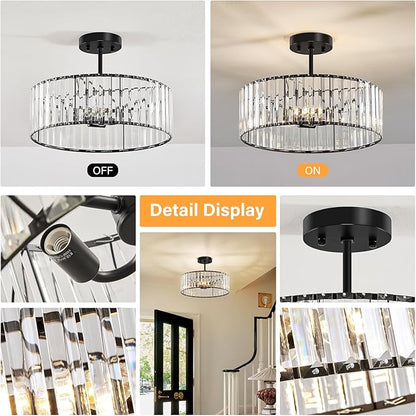 YURNYQ Black Crystal Ceiling Light Fixture, Modern Semi Flush Chandelier, Round Hanging Lighting Chandeliers for Dining Room, Kitchen, Bedroom, 3-Light, 15.74 Inch