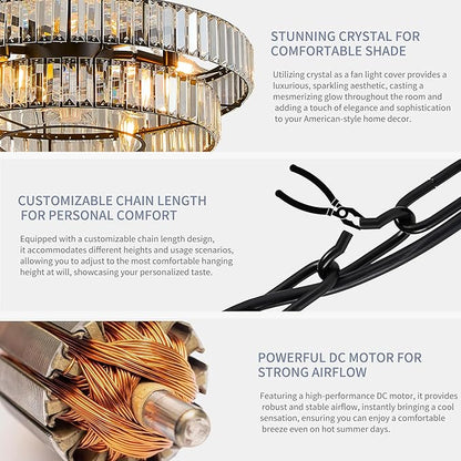24" Modern Crystal Caged Fandelier, Smart Chandelier Fan with Remote and APP Control, Double Layer Ceiling Fan with Light for Dining Living Room Bedroom, Italian Design-Black