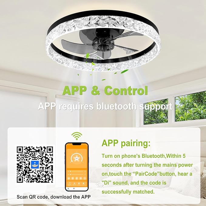 DAMINY 20inch White Ceiling Fans with Lights and Remote, 6CCT, Dimmable Smart Low Profile Ceiling Fan with Light, 6 Speeds Flush Mount Modern Bladeless Ceiling Fan for Bedroom