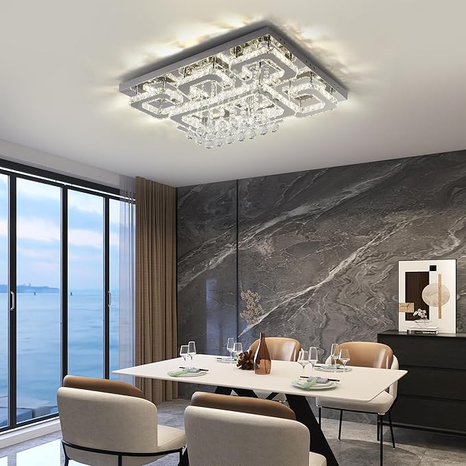 32 inch Flush Mount Chandelier Crystal Ceiling Light with Remote Control/APP,3CCT Dimmable&Brightness Adjustable, Modern Crystal Raindrop Silver Chandeliers for Bedroom Hallway Dinning Room LivingRoom