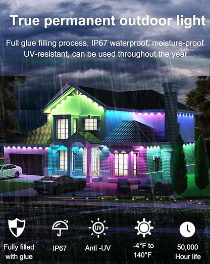 Permanent Outdoor String Lights, 50ft RGBW+IC Smart LED Eaves Lights Waterproof IP67, App & Remote Control, Multi-Colored DIY Scene Lighting for Halloween Christmas House Year-Round Decor