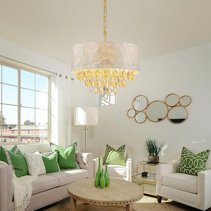 4-Light Drum Capiz Shell Crystal Chandelier, Coastal Style Pendant Light Fixture for Dining Room, Living Room, D18 x H21~68 inch (Height Adjustable), Champagne Crystal & Gold Finish