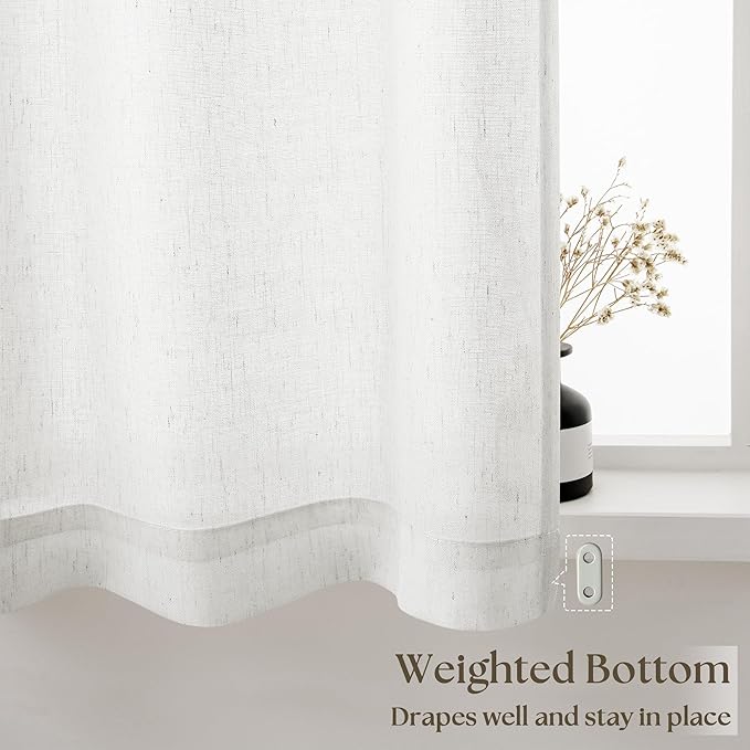Farmhouse Kitchen Curtains with Rod Pocket 30 Inch Length 2 Panels Semi Sheer Privacy Rustic Flax Linen Short Curtains for Bathroom Cafe Camper Ivory White
