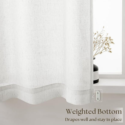 Farmhouse Kitchen Curtains with Rod Pocket 30 Inch Length 2 Panels Semi Sheer Privacy Rustic Flax Linen Short Curtains for Bathroom Cafe Camper Ivory White