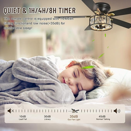 52" Crystal Farmhouse Ceiling Fan with Lights and Remote,Flush Mount Ceiling Fan,Chandelier with 5 Reversible Blades,3 E12 Base Lights,Quiet Motor for Living Room,Dining Room,Bedroom