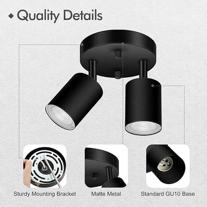 2 Light Track Lighting Fixtures Ceiling, Matte Black Round Directional Ceiling Spotlight, GU10 Flush Mount Track Fixture, Adjustable Modern LED Track Lights for Kitchen/Living Room, Bulb Not Included