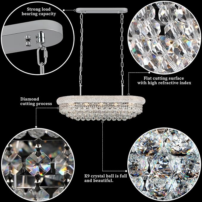 Crystal Chandeliers for Dining Room Light Fixtures Over Table, Modern Crystal Chandeliers for Kitchen lsland, 9 Lights Empire Style Chrome Luxury Lighting Fixtures for Living Room Bar L31 Inch