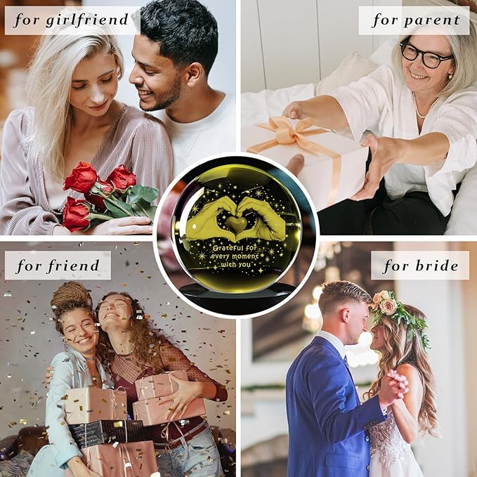 3D Heart Hand Crystal Ball Grateful Gifts for Women Mom Wife, Engraved Heart Hands 2.36" Glass Sphere Night Light for Mothers Day Gift Boyfriend Girlfriend Anniversary