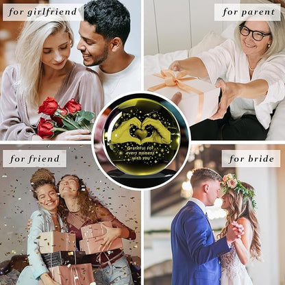 3D Heart Hand Crystal Ball Grateful Gifts for Women Mom Wife, Engraved Heart Hands 2.36" Glass Sphere Night Light for Mothers Day Gift Boyfriend Girlfriend Anniversary