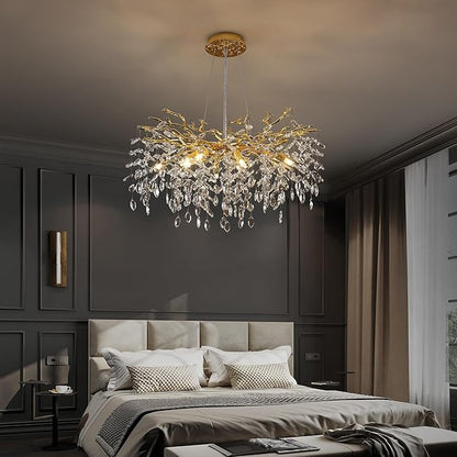 Tree Branches Chandeliers Luxury Round Crystal Pendant Light 8 Light Ceiling Hanging Light for Dining Room Bedroom Living Room Entryway Gold 23.7"