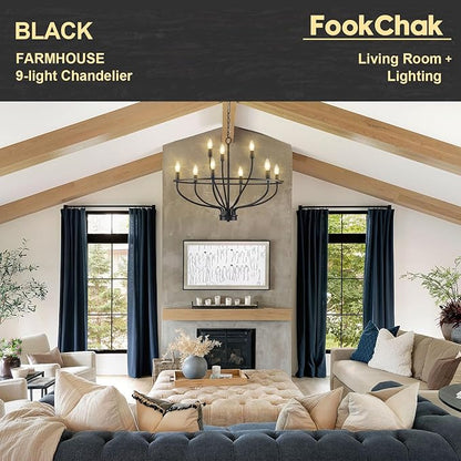 9-Light Black Chandelier Light Fixture Classic Candle Chandelier Lighting Over Table for Dining Room Living Room Bedroom Foyer Kitchen Island, 28.54in, E12