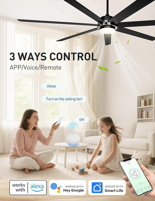 Minislak 72" Black Smart Ceiling Fan with Light and Remote via WIFI Alexa APP Control,6 Speed Quiet DC Motor,Dimmable,Indoor Outdoor Ceiling Fans for Patios or Bedroom,Living room