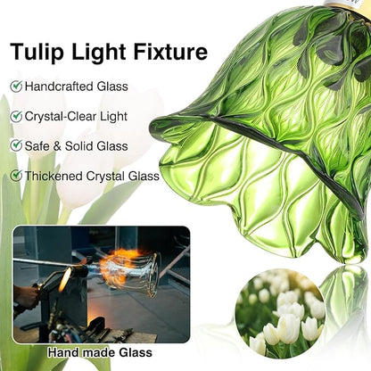 Vintage Wall Sconces - Hardwired Wall Lights with Green Tulip Glass Shade,Brass Wall Lamps for Bathroom Bedroom Stairway Bathroom Living Room Corridor(Bulbs Not Included,E26 Socket)
