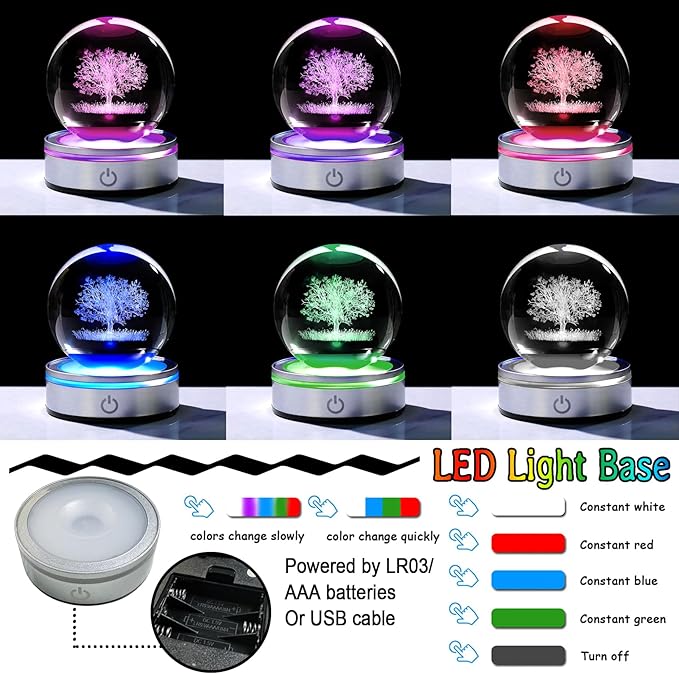 Arikyrist Crystal 3D Tree of Life 3.15in Ball Figurine Gifts for Her, Glass Plant Art Sphere for Room with LED Light Base for Men, Collectible Keepsake for Tree Lovers Home Decor Paperweight