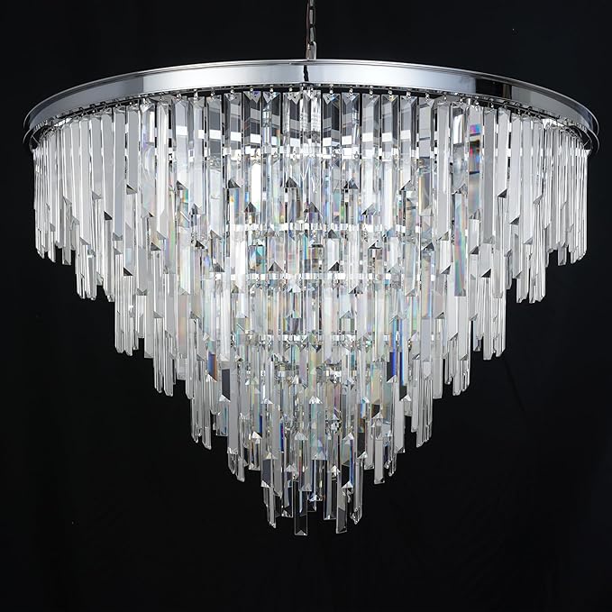 39'' Modern Crystal Chandelier, Chrome Round Ceiling Light with Clear Prisms, Luxury Flush Mount Lighting Fixture for Dining Room Bedroom Foyer