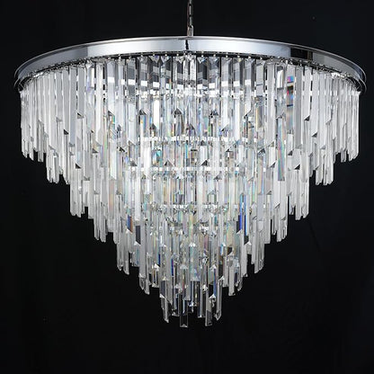 39'' Modern Crystal Chandelier, Chrome Round Ceiling Light with Clear Prisms, Luxury Flush Mount Lighting Fixture for Dining Room Bedroom Foyer