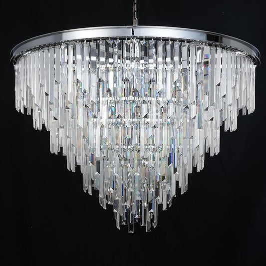 39'' Modern Crystal Chandelier, Chrome Round Ceiling Light with Clear Prisms, Luxury Flush Mount Lighting Fixture for Dining Room Bedroom Foyer