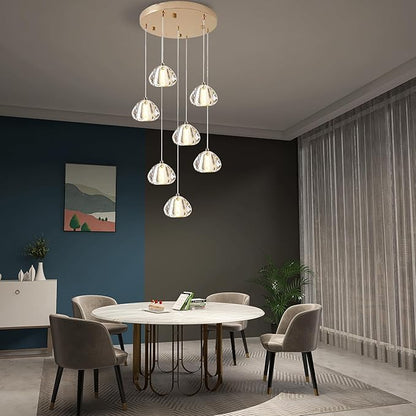 Modern Crystal Foyer Chandelier Entryway 7-Lights Gold, Raindrop Bubble Sphere LED Lighting Fixture for Staircase Living Room