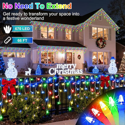670 LED 66FT Christmas Lights with 148 Drops, 12 Modes Dimmable Multicolor Outdoor Hanging Lights with Timer Memory, Waterproof Curtain Lights for Home Bedroom Indoor Tree Window Roof Fence Wedding
