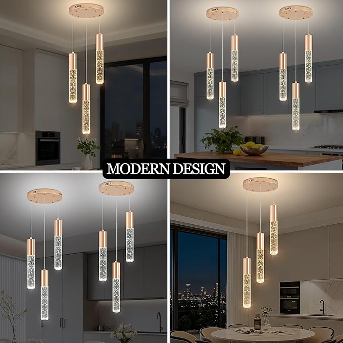 Modern Crystal Chandelier for Kitchen Island 3-Lights, Elegant Gold LED Bubble Pendant Lighting Fixture for Dining Room Bedroom Entryway