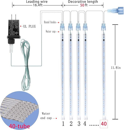 Purtuemy Outdoor Christmas Lights: 40 Tube(Equivalent to 5 Sets of 8-Tubes) Meteor Shower Rain Lights - Waterproof Christmas Halloween Decorations for Yard Outside Tree Roof, White