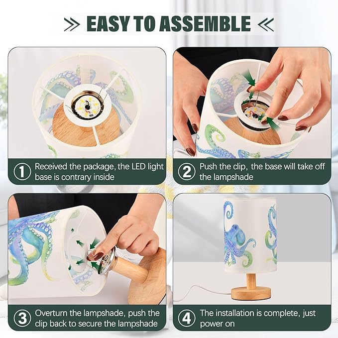 Watercolor Octopus with Tentacle Blue Purple Pastel Color Table Lamp with Wood Base Fabric Lamp Shade Bedside Nightstand Desk Lamp for Living Room Bedroom Kids Room Office