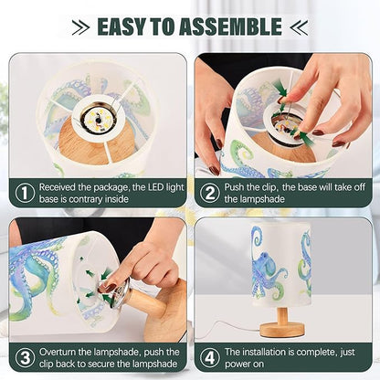 Watercolor Octopus with Tentacle Blue Purple Pastel Color Table Lamp with Wood Base Fabric Lamp Shade Bedside Nightstand Desk Lamp for Living Room Bedroom Kids Room Office