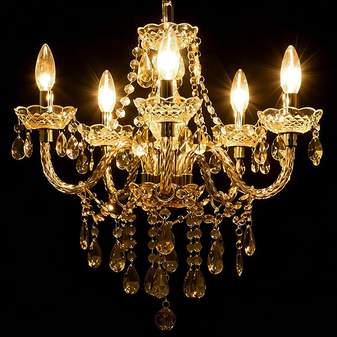 PAPAYA Plug-in 5 Light Gold Crystal Hanging Pendant Lights Acrylic Chandelier with Cord & On/Off Switch H19 D19.7 for Kitchen Island Girls' Room Dining Area Laundry Pavilion